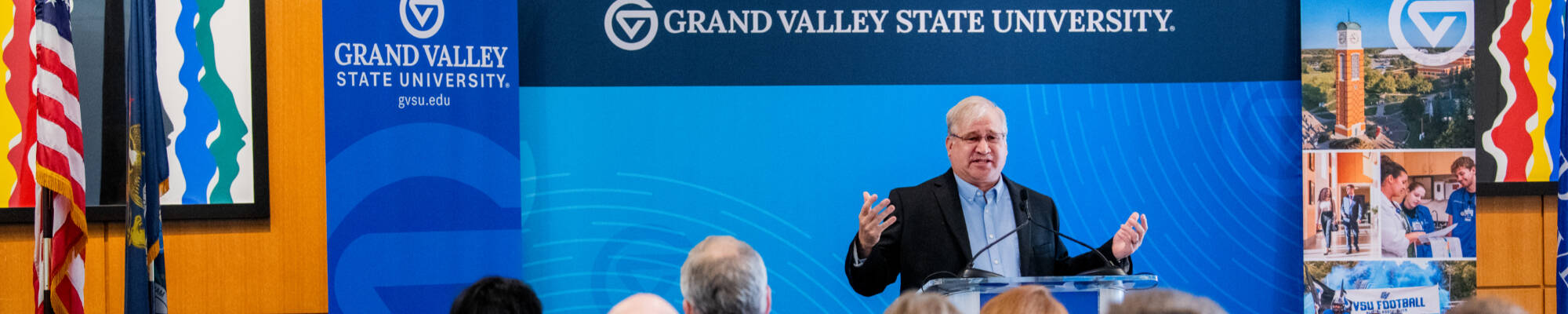 Paul Isely, associate dean and professor of economics, speaks at a press conference to share GVSU’s economic impact report. The press conference was held in the Seidman Forum Room inside the L. William Seidman Center on the City Campus October 2.